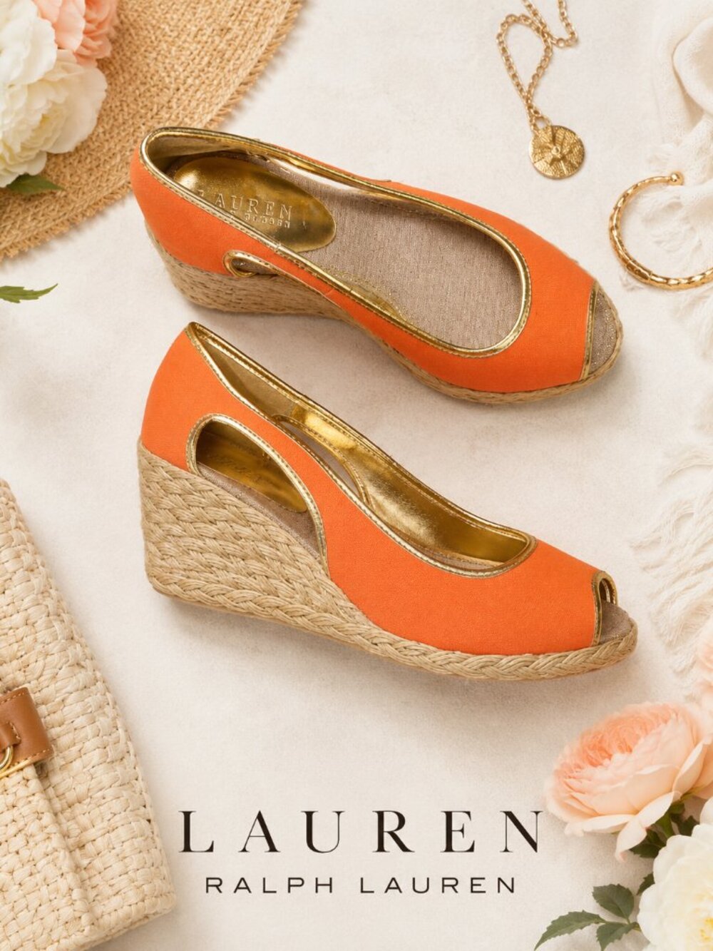 Lauren Ralph Lauren Charlotte Wedge Espadrilles Size 8 Orange Gold Peep Toe Heel